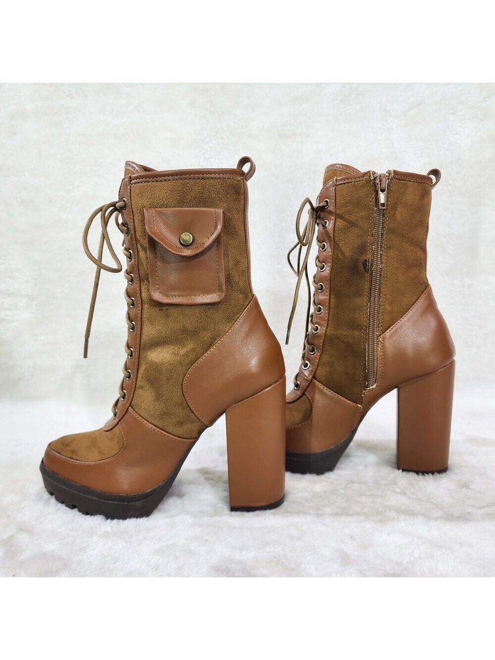 NIB Park Ave Brown / Tan Faux Suede Chunky Platform High Heel Ankle Boots - Picture 2 of 12